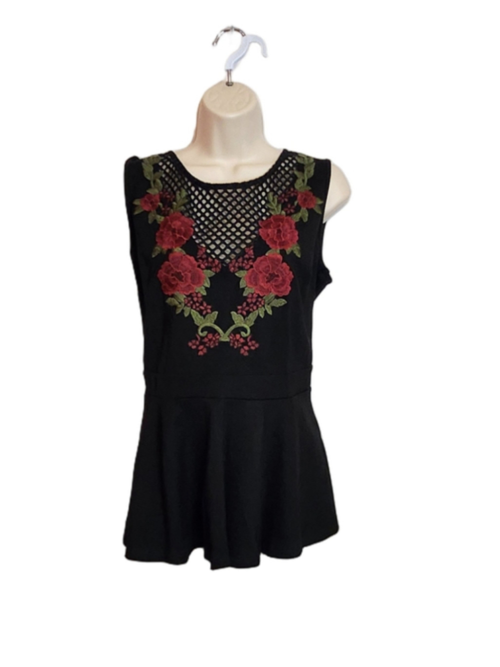 City Chic Mesh Cutout Floral Embroidered Peplum Fitted Knit Blouse Black/Red 14